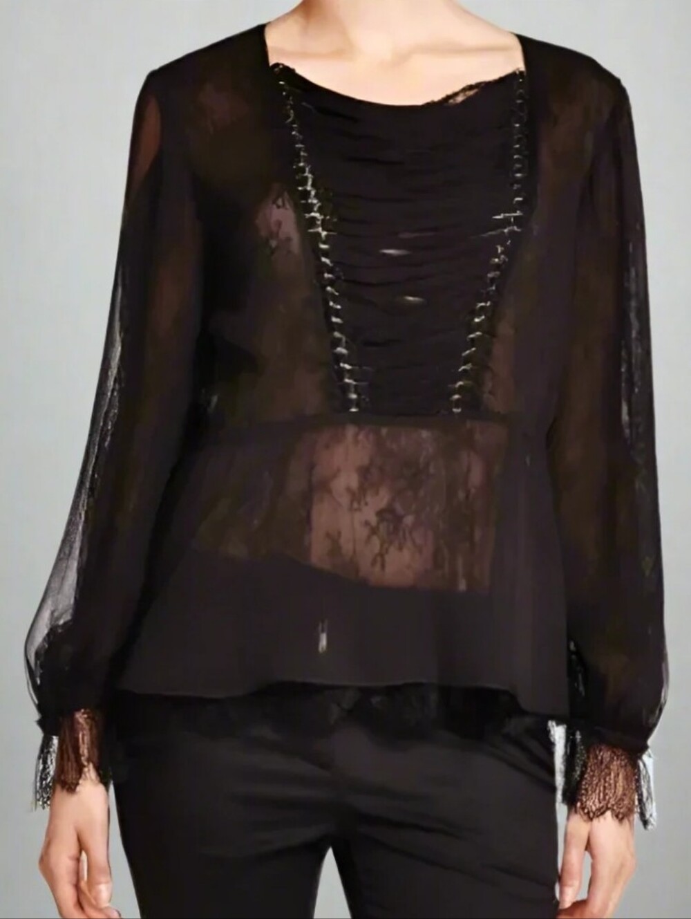 The Kooples Black Lace Sheer Long-Sleeve Peplum Blouse - Picture 3 of 15